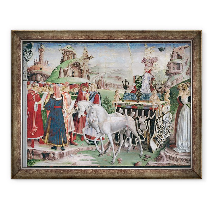 Tablou inramat - Francesco del Cossa - Triumful Minervei, Martie, din Camera Lunilor, detaliu al carului si al grupului de savanti, 70 x 90 cm