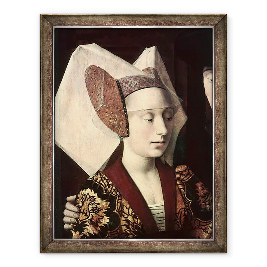 Tablou inramat - Petrus Christus - St Eligius c.588-660 ca un aurar care arata un inel cuplului angajat, detaliu al logodnicei, 60 x 80 cm