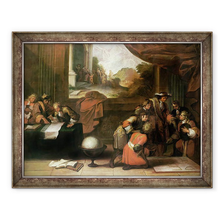 Tablou inramat - Scoala franceza - Interiorul unei camere cu geografi si matematicieni, 70 x 90 cm