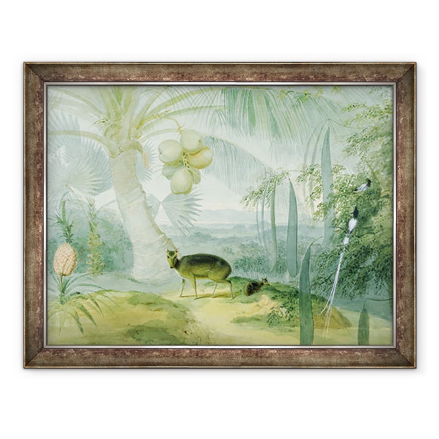 Tablou inramat - Samuel Daniell - Un peisaj in Ceylon, cu cerb latrat si Fawn si o pereche de Paradise Fly-Catchers, 70 x 90 cm