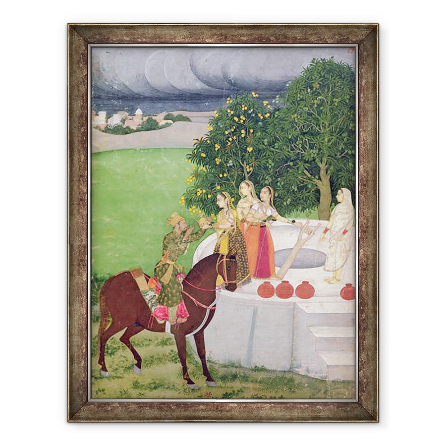 Tablou inramat - Scoala indiana - Un print cersind apa de la femei la o fantana, Mughal, 70 x 90 cm