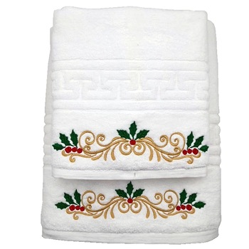 Set 2 Prosoape baie, Royal Home, Brodate, bumbac 100%, Alb, 70x140cm+50x90cm, 650gr/mp, Model Craciun, Set 2 Prosoape baie, Royal Home, Brodate, bumbac 100%, Alb, 70x140cm+50x90cm, 650gr/mp, Model Craciun,
