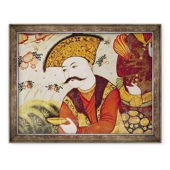 Tablou inramat - Scoala Persana - Shah Abbas I 1588-1629 si un curtean care ofera fructe si bauturi detaliu din 155563 aratand capul sahului, 70 x 90 cm Tablou inramat - Scoala Persana - Shah Abbas I 1588-1629 si un curtean care ofera fructe si bauturi detaliu din 155563 aratand capul sahului, 70 x 90 cm