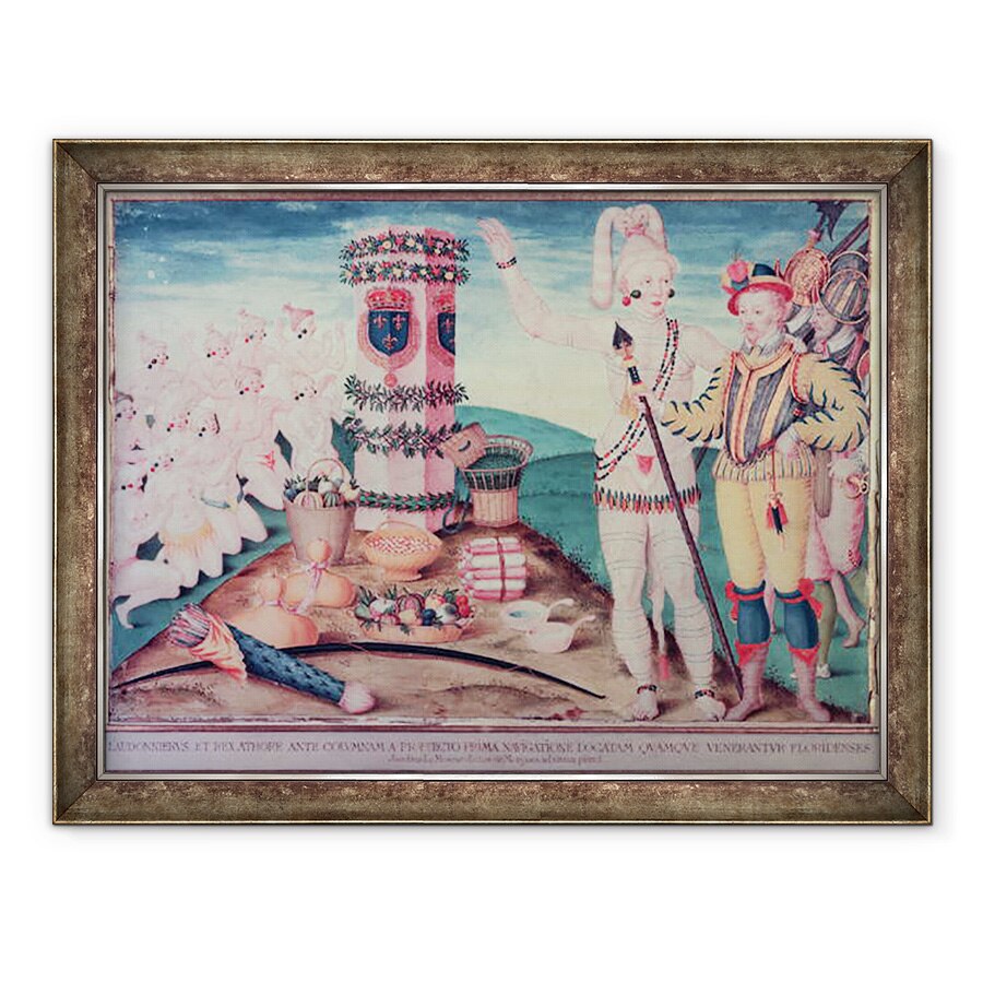 Tablou inramat - Jacques Le Moyne - Rene Goulaine de Laudonniere c.1529-82 si seful Athore in fata Coloanei lui Ribault, 60 x 80 cm