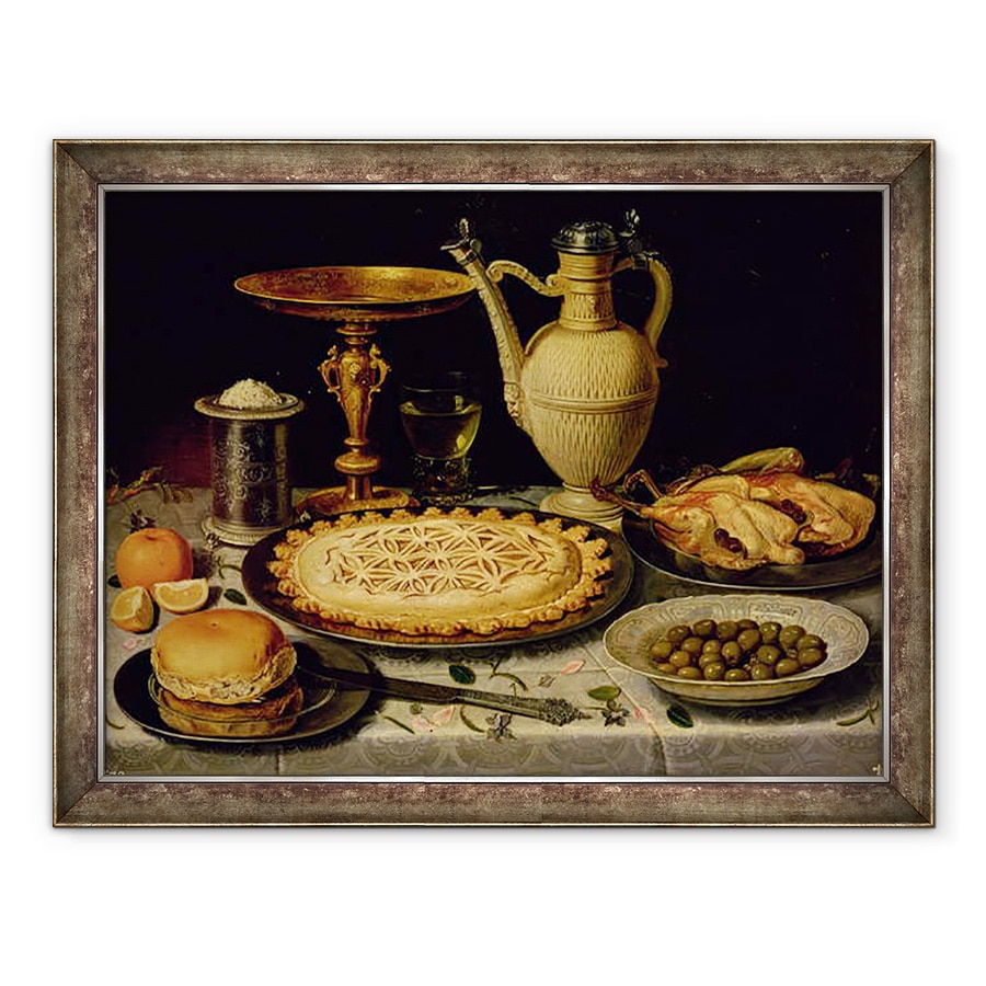 Tablou inramat - Clara Peeters - inca de viata cu o tarta, friptura de pui, paine, 70 x 90 cm