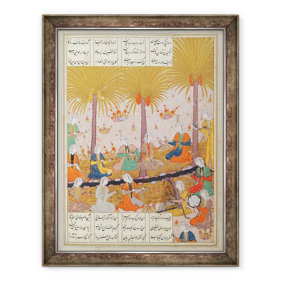 Tablou inramat - Scoala Persana - MS D-212 Ilustratie pentru un poem de Elyas Nezami ilustrand fete intr-o gradina cantand laudele poeziei sale, 70 x 90 cm