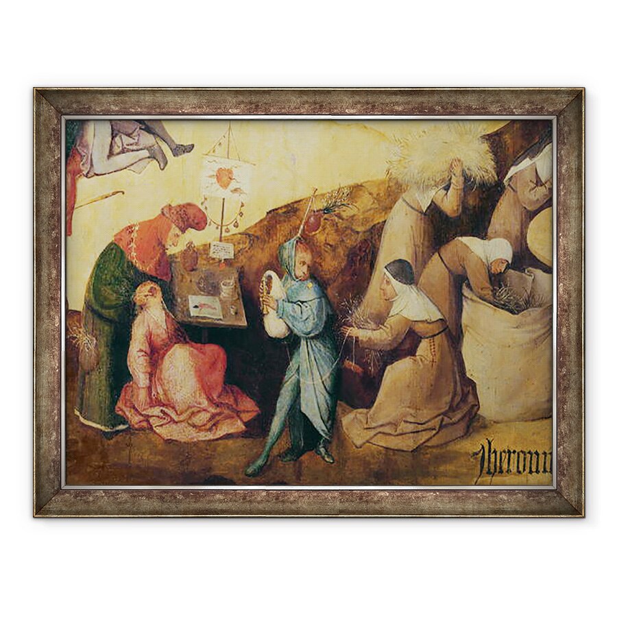Tablou inramat - Hieronymus Bosch - Puller de dinti, cimpoi jucator si colectoare de lemn, detaliu al panoului central al Haywain Triptych, 60 x 80 cm
