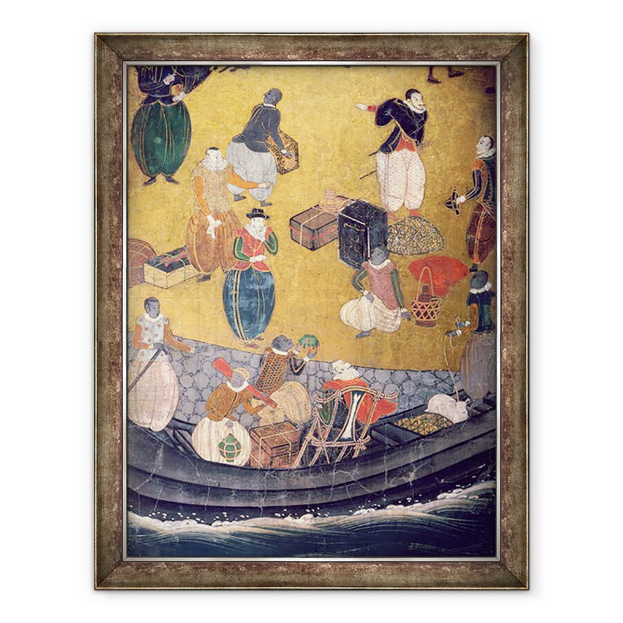 Tablou inramat - Scoala japoneza - Sosirea portughezilor in Japonia, detaliu de descarcare a marfurilor, de pe un ecran Namban Byobu, 60 x 80 cm