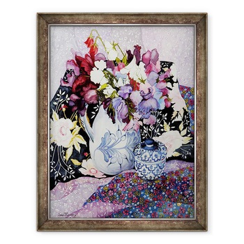 Tablou inramat - Joan Thewsey - Mazare dulce intr-o cana albastra si alba cu oala albastra si alba si textile, 70 x 90 cm Tablou inramat - Joan Thewsey - Mazare dulce intr-o cana albastra si alba cu oala albastra si alba si textile, 70 x 90 cm