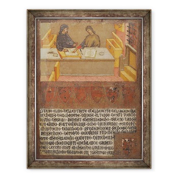 Tablou inramat - Paolo di Giovanni Fei - Director Financiar sef si Scrib la biroul lor din Biccherna biroul de venituri, 70 x 90 cm Tablou inramat - Paolo di Giovanni Fei - Director Financiar sef si Scrib la biroul lor din Biccherna biroul de venituri, 70 x 90 cm