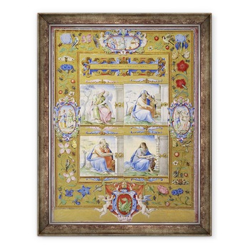 Tablou inramat - Giorgio-Giulio Clovio - Cei patru evanghelisti, intr-o granita de flori, pasari si insecte, 70 x 90 cm Tablou inramat - Giorgio-Giulio Clovio - Cei patru evanghelisti, intr-o granita de flori, pasari si insecte, 70 x 90 cm
