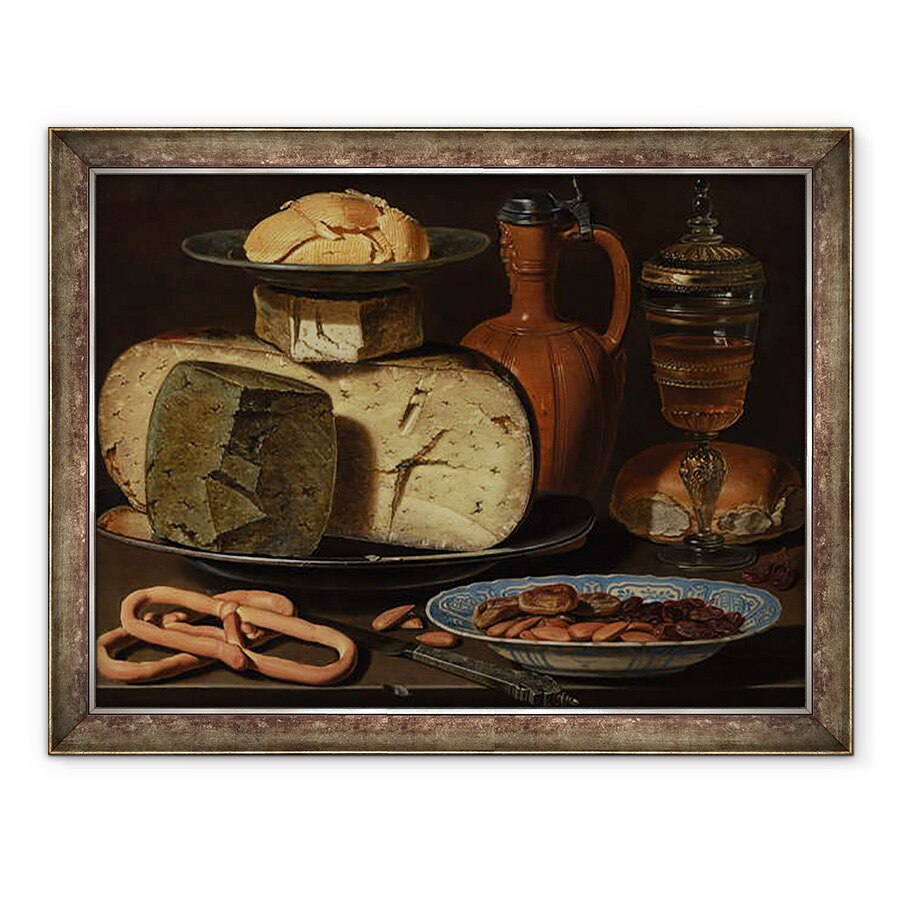 Tablou inramat - Clara Peeters - Natura moarta cu branzeturi, migdale si covrigei, 60 x 80 cm