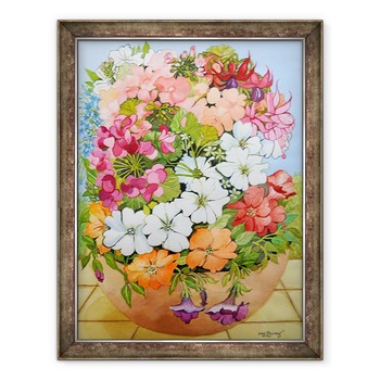 Tablou inramat - Joan Thewsey - Petunii, Geraniums si Fuchsia intr-o oala cu terasa, 2005, 70 x 90 cm Tablou inramat - Joan Thewsey - Petunii, Geraniums si Fuchsia intr-o oala cu terasa, 2005, 70 x 90 cm