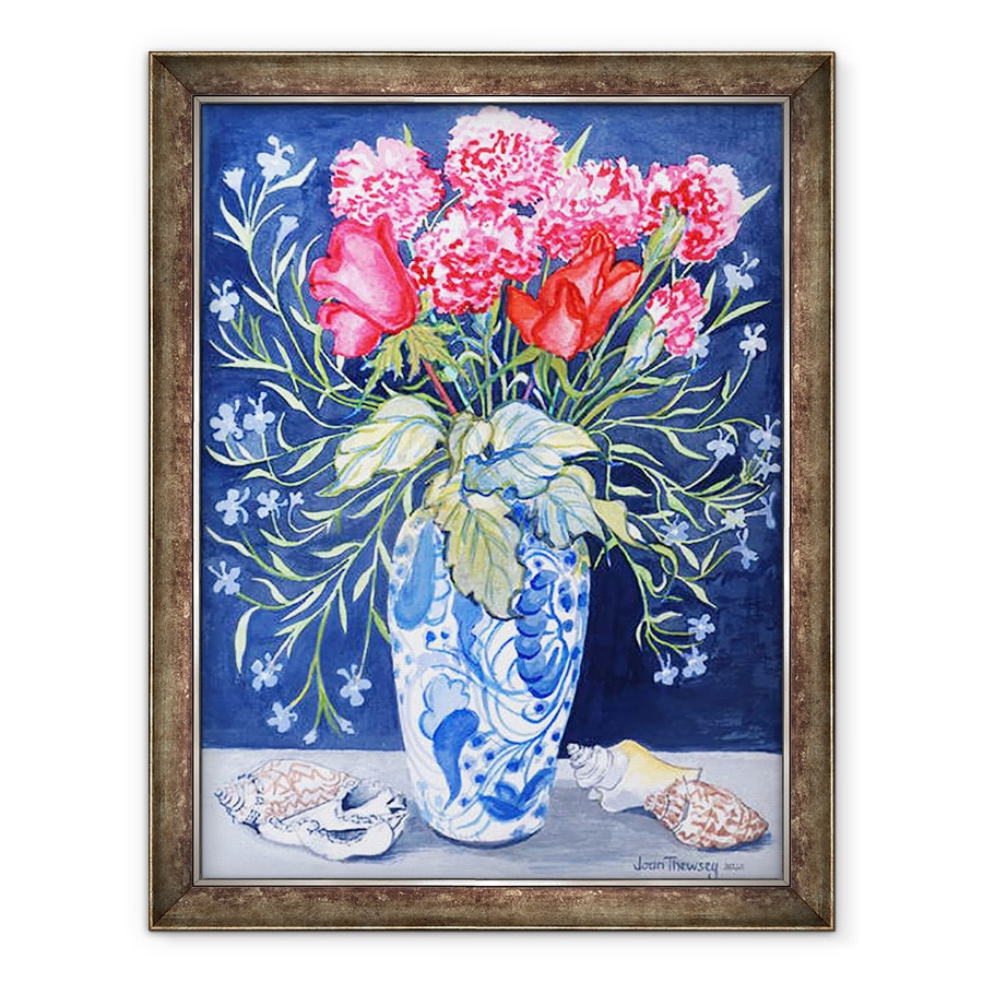 Tablou inramat - Joan Thewsey - Trandafiri, garoafe si Lobelia intr-o vaza albastra si alba, 60 x 80 cm