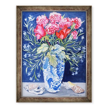 Tablou inramat - Joan Thewsey - Trandafiri, garoafe si Lobelia intr-o vaza albastra si alba, 60 x 80 cm Tablou inramat - Joan Thewsey - Trandafiri, garoafe si Lobelia intr-o vaza albastra si alba, 60 x 80 cm