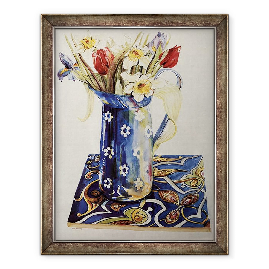 Tablou inramat - Joan Thewsey - Lalele, Iris si Narcis intr-un ulcior de email albastru cu o tigla italiana, 60 x 80 cm