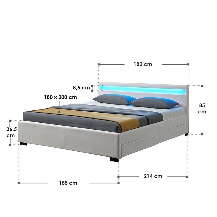 Pat Dublu Piele Ecologica Mbr 180x200 Alb Sertare Led Emagro 