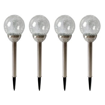 Pachet 4 lampi solare LED RGB de exterior pentru gradina Star-Light, dispersor tip glob cu model, 200mAh, Inox si sticla, 43cm Pachet 4 lampi solare LED RGB de exterior pentru gradina Star-Light, dispersor tip glob cu model, 200mAh, Inox si sticla, 43cm