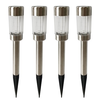 Pachet 4 lampi solare LED de exterior pentru gradina Star-Light, dispersor cilindric cu model, 0.06W, 1 lm, 300mAh, Inox, 42.5cm Pachet 4 lampi solare LED de exterior pentru gradina Star-Light, dispersor cilindric cu model, 0.06W, 1 lm, 300mAh, Inox, 42.5cm