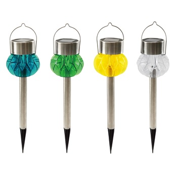 Pachet 4 lampi solare LED de exterior pentru gradina Star-Light, dispersor tip glob cu model, 0.06W, 1 lm, 200mAh, Inox, 37cm Pachet 4 lampi solare LED de exterior pentru gradina Star-Light, dispersor tip glob cu model, 0.06W, 1 lm, 200mAh, Inox, 37cm