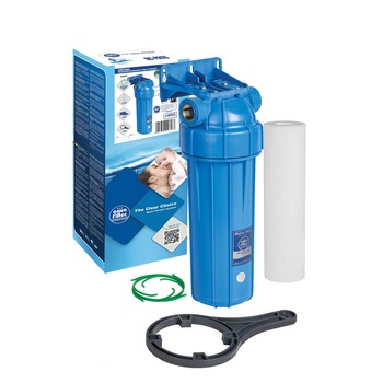 Carcasa clasica cu cartus din polipropilena, FILTRO BLUE 10″, cheie si suport Carcasa clasica cu cartus din polipropilena, FILTRO BLUE 10″, cheie si suport