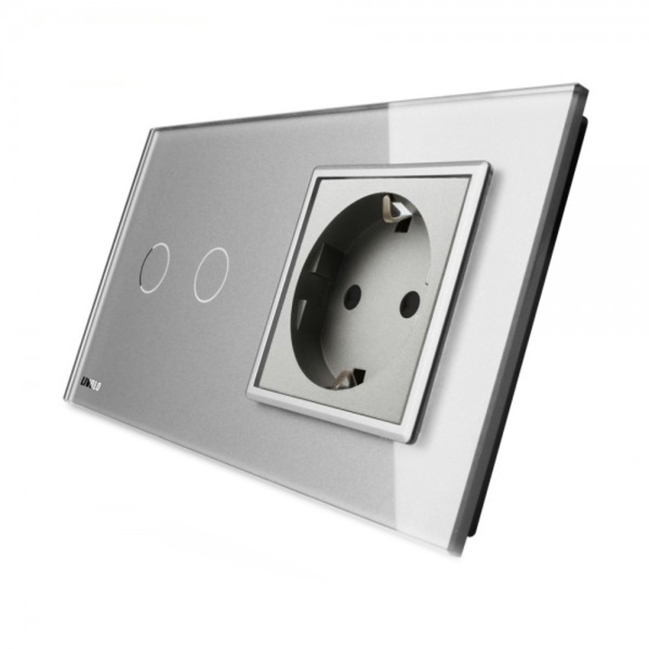 Intrerupator dublu cap scara / cap cruce + priza simpla Livolo rama din sticla gri, VL-C702S-12/C7-C1EU-15