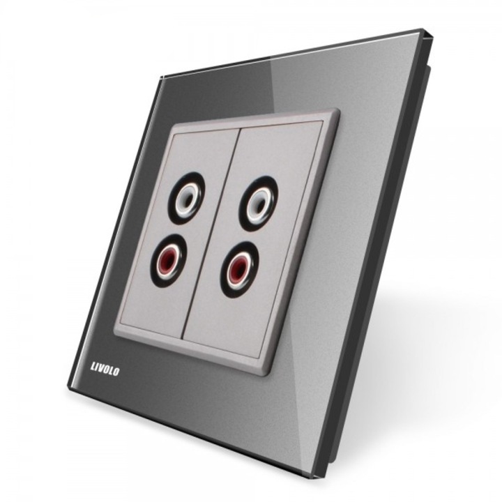 Priza dubla audio Livolo cu rama din sticla gri, VL-C792AD-15