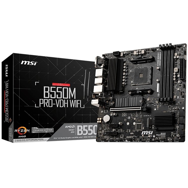 Дънна платка MSI B550M PRO-VDH WIFI,m-ATX,Socket AM4,AMD B550 Chipset,4 DIMMs,Dual Channel DDR4 up to 4400+(OC)MHz,1x PCIe 4.0/3.0 x16 slot,2x M.2 slots,4x USB 3.2 Gen 1,2x USB 2.0,1x HDMI,1x DP,1x VGA,WiFi,1G LAN,7.1 Audio,3y warranty B550M_PRO-VDH_WIFI