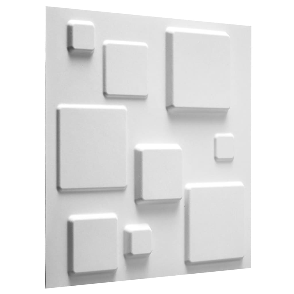 Set 12 placi decorative de perete WallArt, model 3D Squares-GA-WA09, 50 x 50 x 1,75 cm, 3mp, Fibra naturala din plante presate in mulaj, Alb