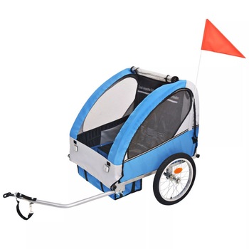 Remorca de bicicleta 2 in 1 pentru copii, vidaXL, Textil, 62 x 72 x 61 cm, Albastru/Gri Remorca de bicicleta 2 in 1 pentru copii, vidaXL, Textil, 62 x 72 x 61 cm, Albastru/Gri