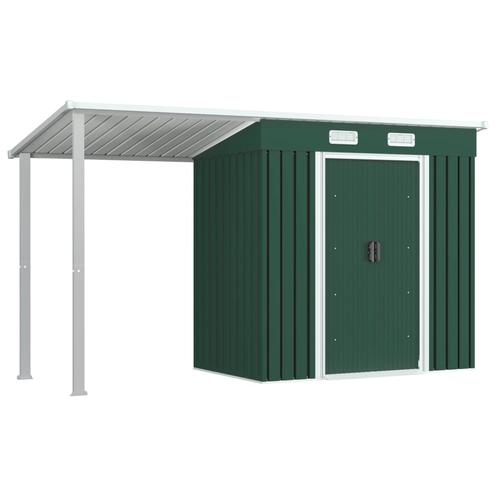 Sopron de gradina cu acoperis extins, vidaXL, Otel, 346 x 121 x 181 cm, Verde