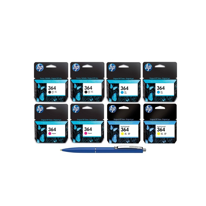HP Eredeti tintapatron csomag, MAG4U, CB316EE, 364, 2 fekete, CB318EE, 364, 2 ciánkék, CB319EE, 364, 2 bíbor, CB320EE, 364, 1 sárga, Schneider toll