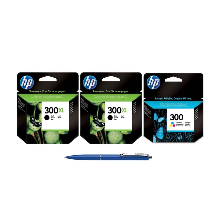 Pachet MAG4U Cartuse Cerneala Originale 2 bucati CC641EE (300XL) Black si 1 bucata CC643EE (300) si Pix Schneider