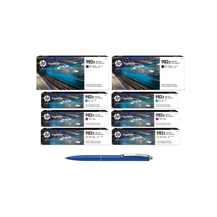 HP MAG4U Eredeti tintapatron csomag, 2x T0B30A (982X) fekete, 2x T0B27A (982X) ciánkék, 2x T0B28A (982X) bíbor, T0B29A (982X) sárga, Schneider tollal