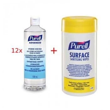 Servetele dezinfectante PURELL Surface R2U, pentru suprafete, 100buc si 12 bucati Gel dezinfectant Purell Advanced 500ml Servetele dezinfectante PURELL Surface R2U, pentru suprafete, 100buc si 12 bucati Gel dezinfectant Purell Advanced 500ml