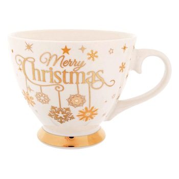 Cana cu Picior, Portelan, model de Craciun cu Mesaj si Fulgi, 385 ml, Alb/Auriu Cana cu Picior, Portelan, model de Craciun cu Mesaj si Fulgi, 385 ml, Alb/Auriu