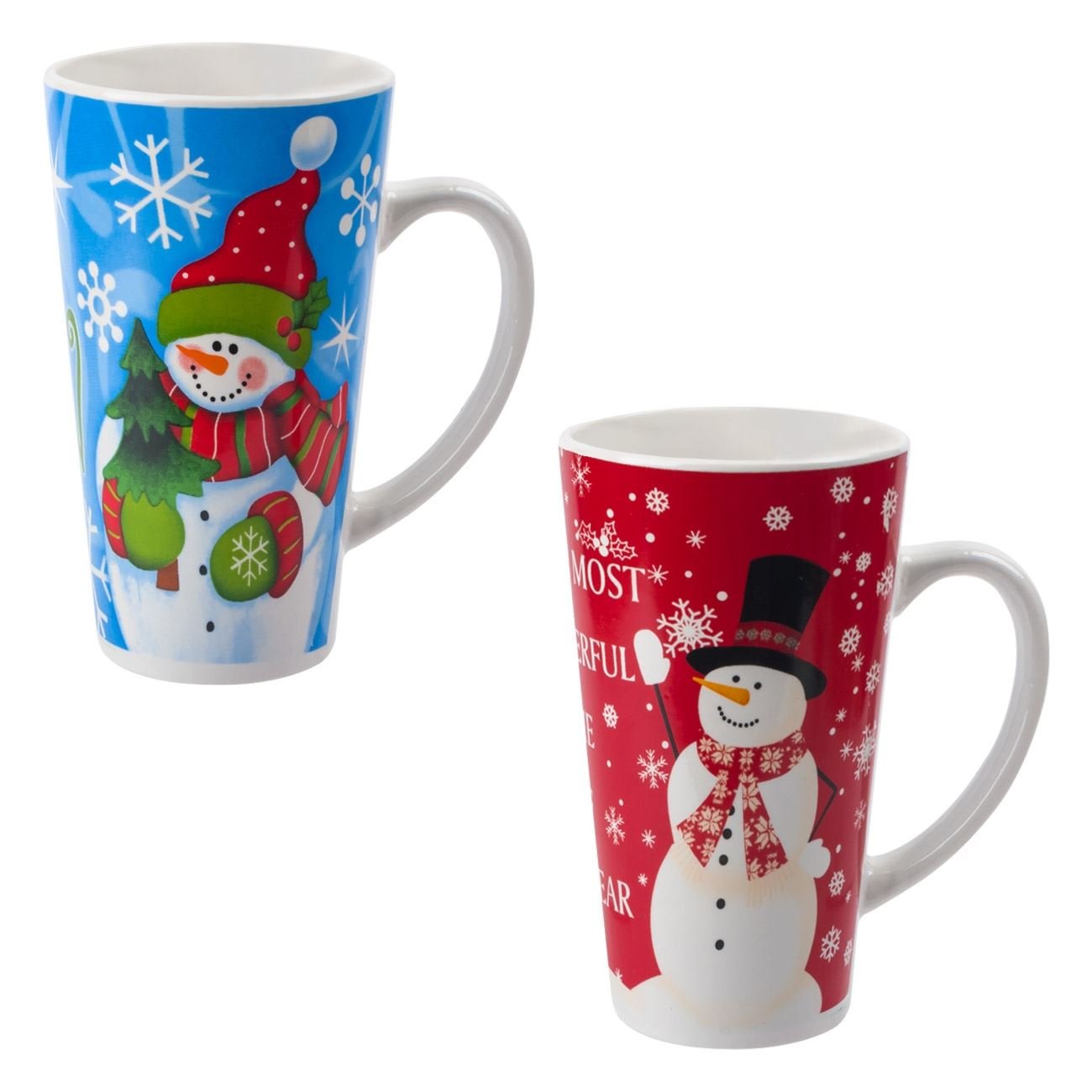 Set 2 Cani Ceramica, model de Craciun cu Mesaj si om de zapada, 480 ml, Multicolor