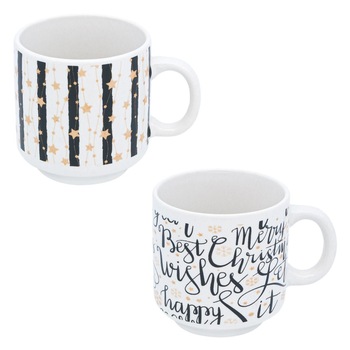 Set 2 Cani Ceramica, model de Craciun cu Mesaj si Stele, 160 ml, Alb/Negru Set 2 Cani Ceramica, model de Craciun cu Mesaj si Stele, 160 ml, Alb/Negru
