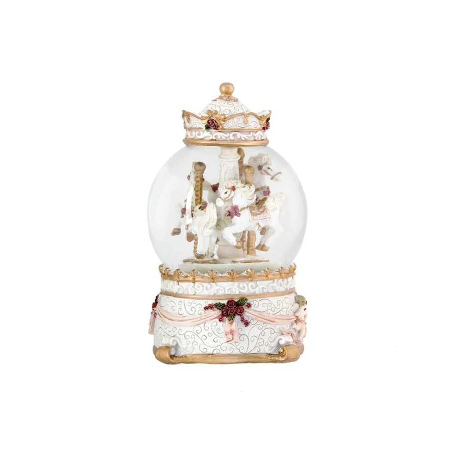 Glob muzical de Craciun, model carusel cu caluti, alb/auriu, 17 cm
