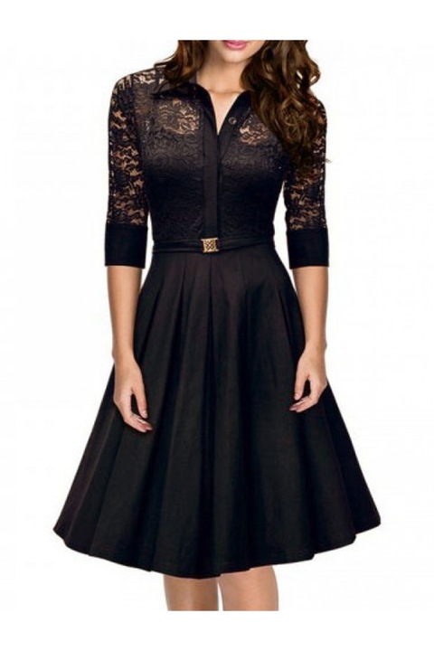 Рокля Eviza, С дантела, Вталена, Клош,Черна