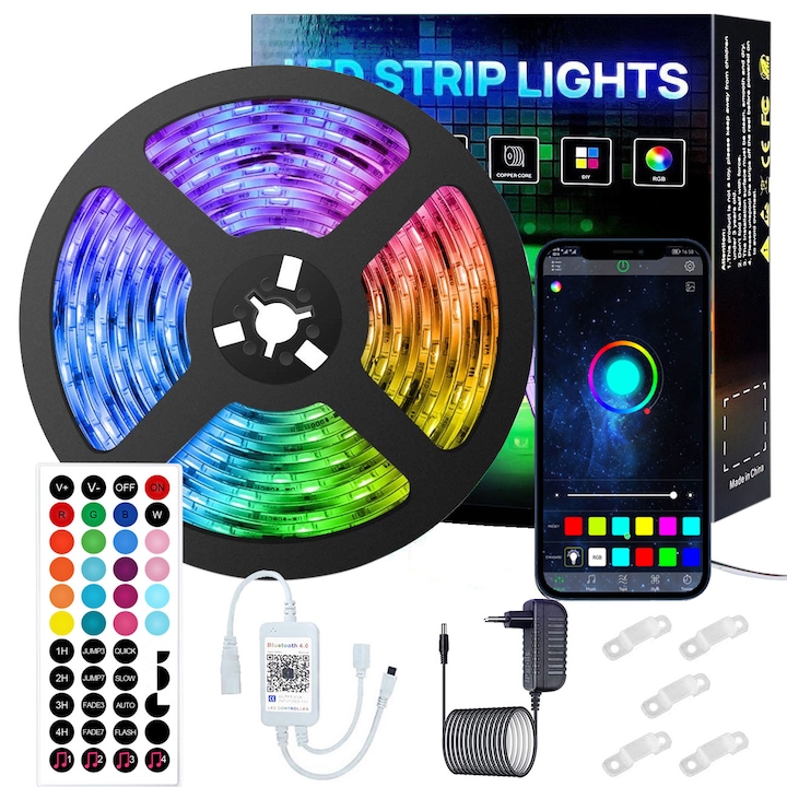 Kit Banda LED RGB YWX, 5 Metri, Sincroniza Muzica, Bluetooth Controlul APP, Telecomanda 44 Taste, IP65, SMD 5050, 12V, Multicolor