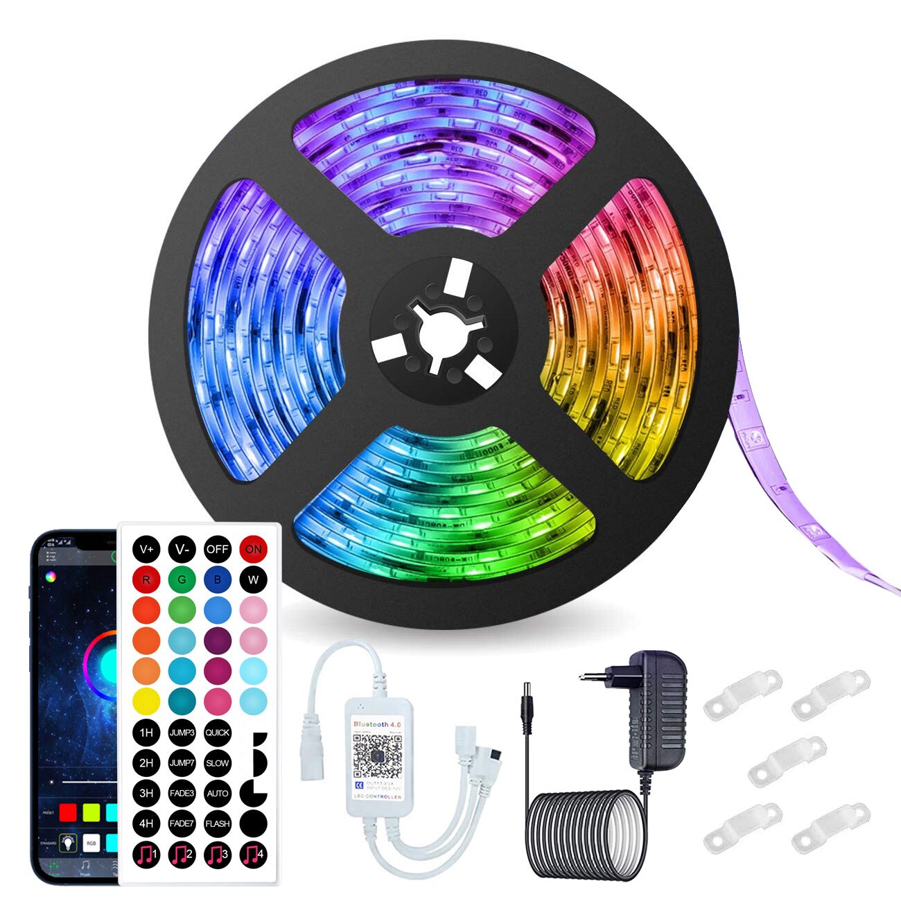 Kit Banda LED RGB YWX, 5 Metri, Sincroniza Muzica, Bluetooth Controlul APP, Telecomanda 44 Taste, IP65, SMD 5050, 12V, Multicolor