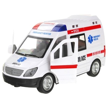 Ambulanta cu Telecomanda, Merge Inainte, Inapoi, Vireaza Stanga, Dreapta, Roti din Cauciuc, Usile din Fata se Deschid, cu Sunete si Lumini, Alb/Rosu Ambulanta cu Telecomanda, Merge Inainte, Inapoi, Vireaza Stanga, Dreapta, Roti din Cauciuc, Usile din Fata se Deschid, cu Sunete si Lumini, Alb/Rosu
