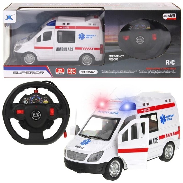 Ambulanta cu telecomanda Nobo Kids, efecte sonore si luminoase, 22,5x9x12cm, set complet
