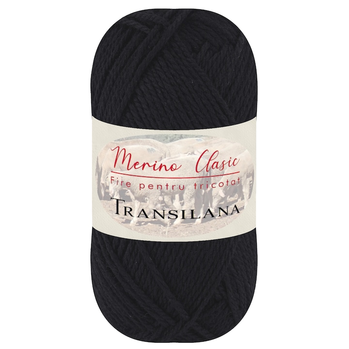 Fir pentru tricotat, Transilana, Merino Clasic, 100% lana merinos, culoare Negru C3900, 100 g, 280 m