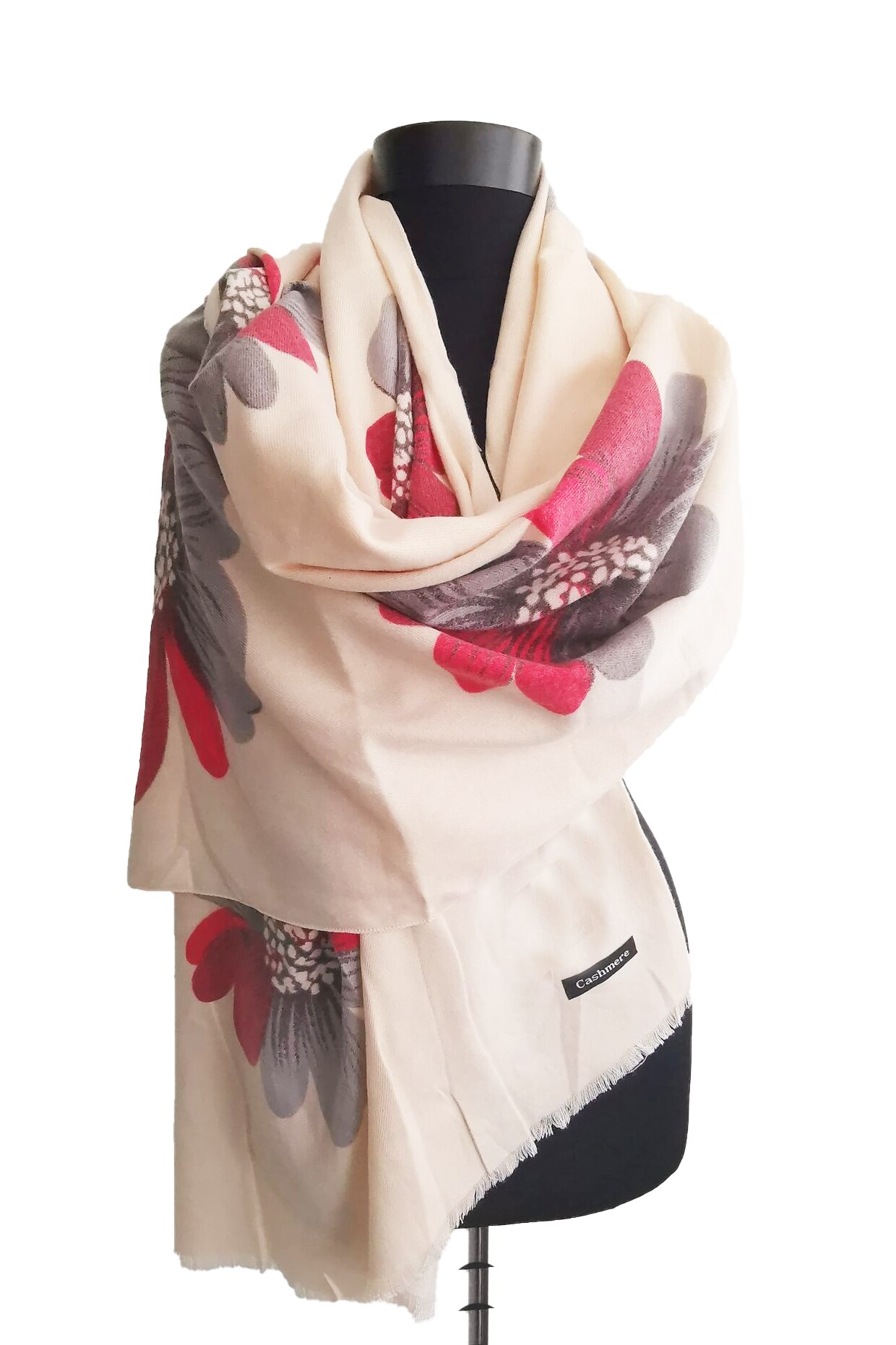 Esarfa casmir, toamna-iarna, crem cu imprimeu floral