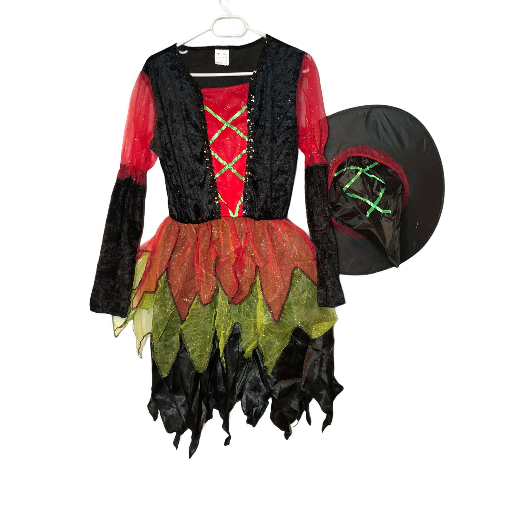 Costum de vrajitoare pentru copii, Halloween, Atelier, Negru/Rosu/Verde, 11-14 ani