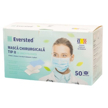 Set masti chirurgicale, Eversted, BFE>98%, tip II, Negru, 3 straturi, 50 bucati, Aviz ANMDMR Set masti chirurgicale, Eversted, BFE>98%, tip II, Negru, 3 straturi, 50 bucati, Aviz ANMDMR