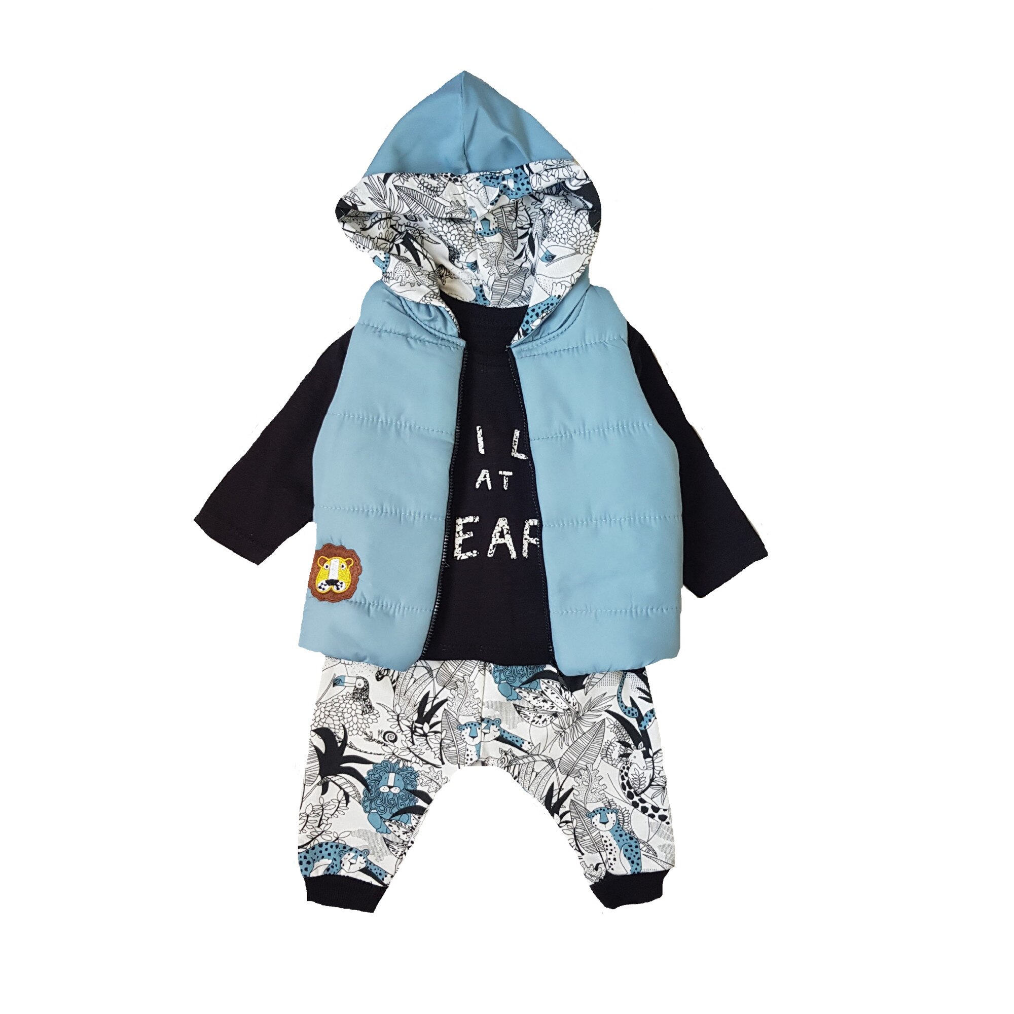 Compleu 3 piese, Hippil, Lion, Bumbac, Albastru/Negru