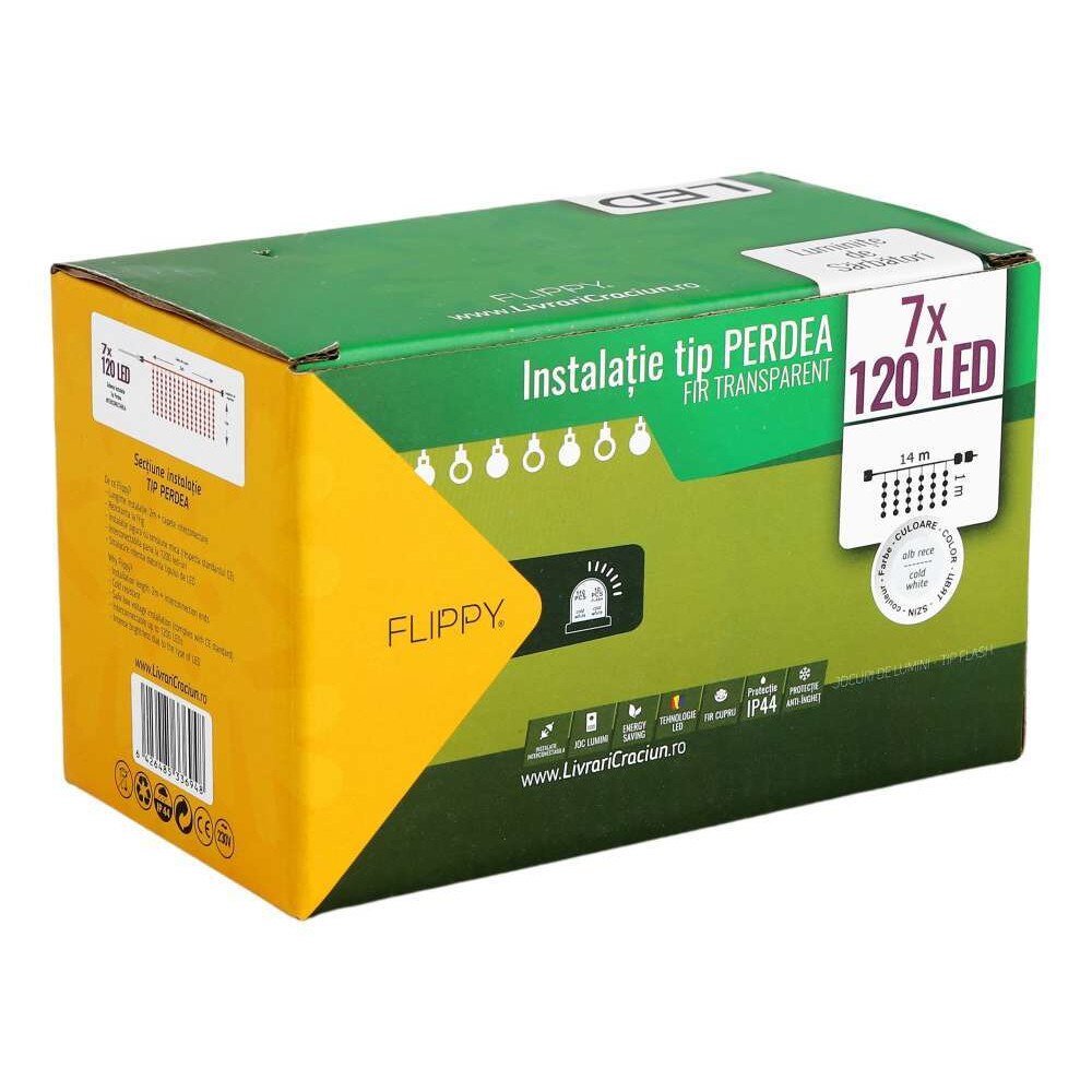Instalatie Craciun, 14m x 1m, 840 LED-uri, Perdea, Alb Rece, Flash, Transformator, Interconectabila, Fir Transparent, Flippy®